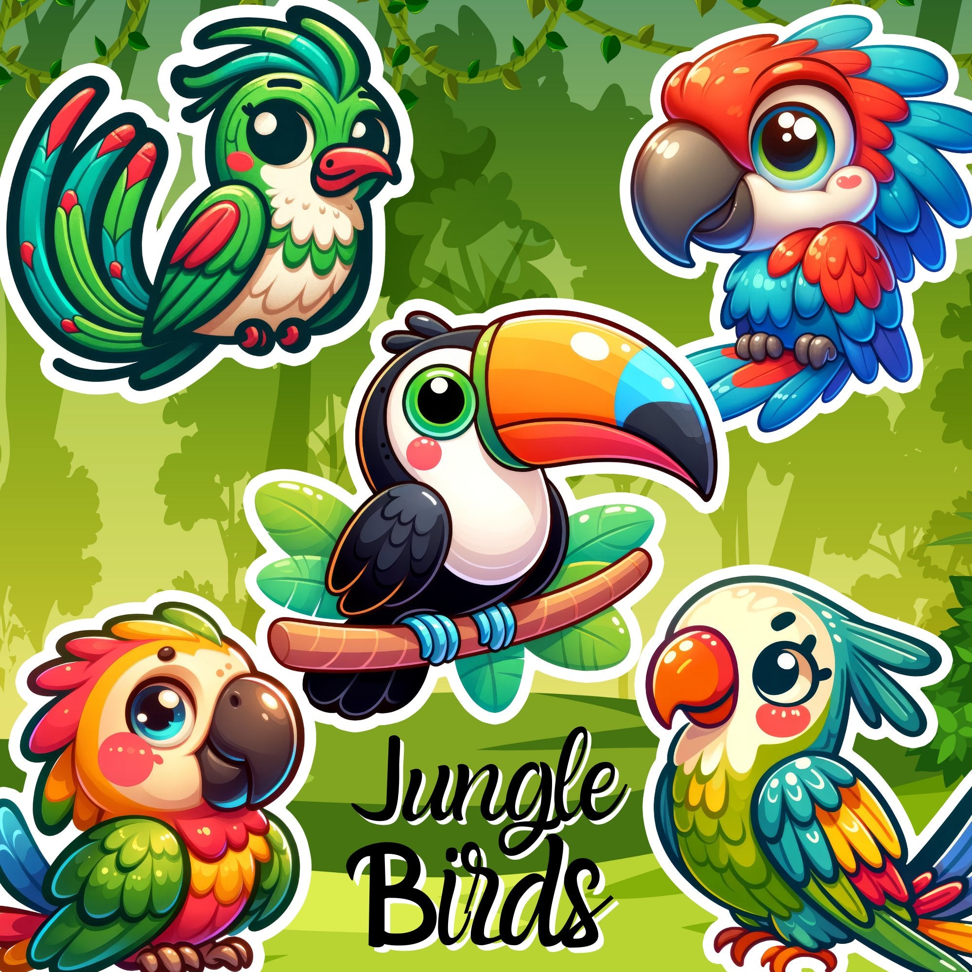 Sticker A5 Sheet [ High quality 6pcs ] Jungle Birds - Wee Little Books